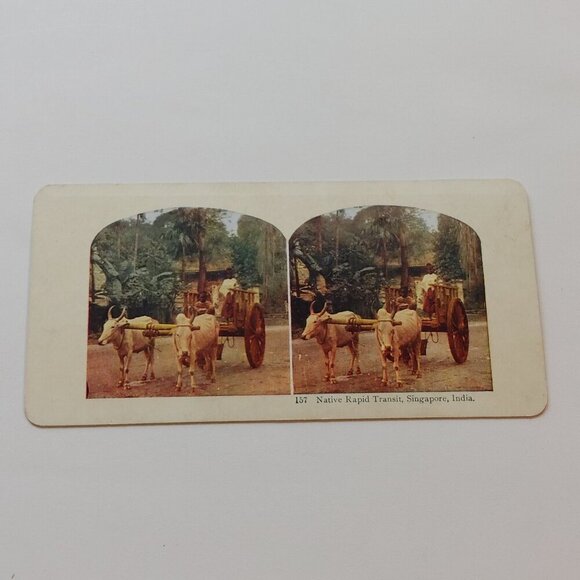 ANTIQUE Stereograph Card Double Sided Colour Singapore India Hong Kong China - Picture 1 of 5